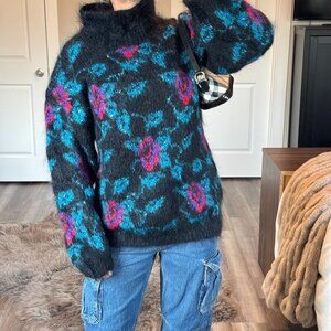 Vintage Mohair Wool Sweater Floral Fuzzy Grandma Retro Grunge Black Blue Pink
